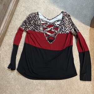 SHEIN Black and Red Leopard Print Long Sleeve Top size Small